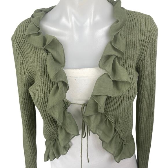 Zara Green Ruffle Flounce Long Sleeve Ribbed Knit Tie Cardigan Crop Top Size M - Picture 4 of 6